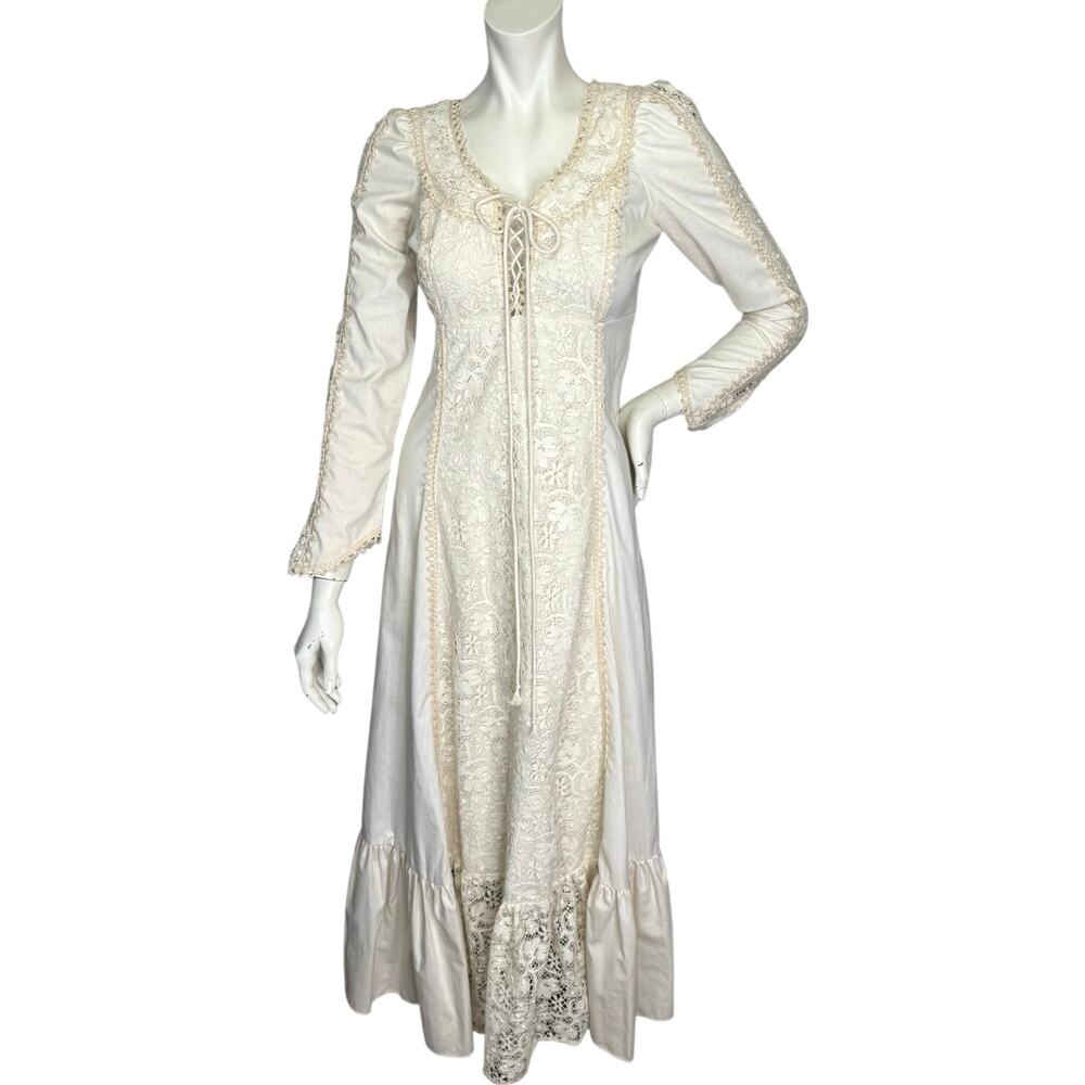 Vintage 70s Gunne Sax Prairie Dress 11 Long Sleeve Lace Boho Cottagecore Wedding